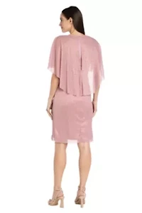 Short Crystal Pleated Dress With Capelet and Side Ruffle