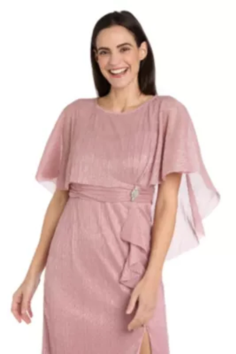 Short Crystal Pleated Dress With Capelet and Side Ruffle