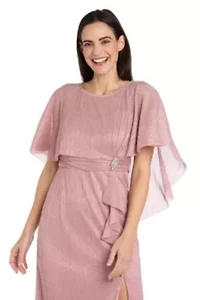 Short Crystal Pleated Dress With Capelet and Side Ruffle