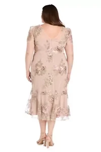 Womens Midi Length Short Sleeve Floral Threadwork Mesh Dress