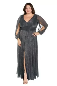 Womens 1Pc Long Crinkle Pleated Dress with Split Sleeve