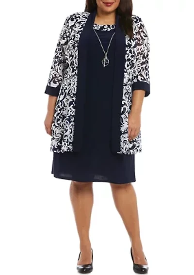 Plus 2 Piece Printed Jacket Over Solid Shift Dress