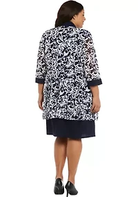 Plus 2 Piece Printed Jacket Over Solid Shift Dress