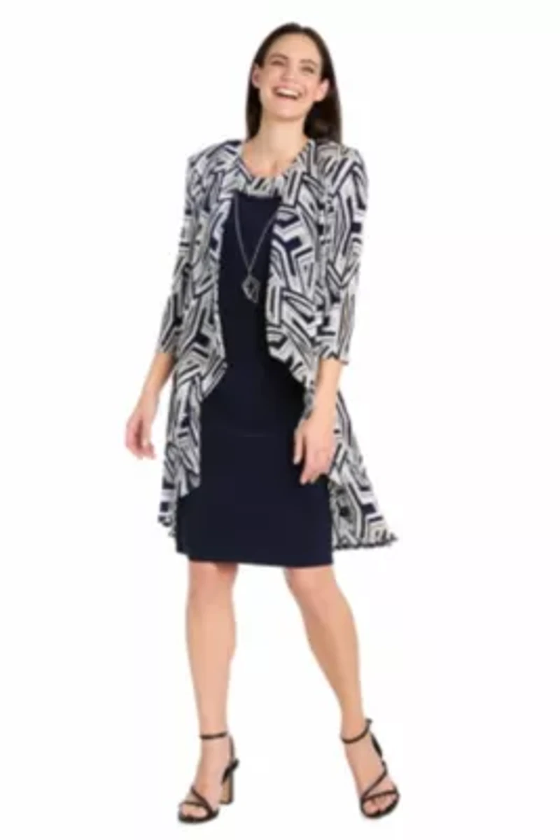 2Pc Geo Printed Crinkle Flyaway Jacket Dress With Detachable Necklace