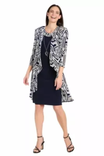 2Pc Geo Printed Crinkle Flyaway Jacket Dress With Detachable Necklace