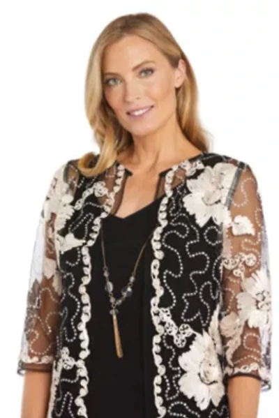 3Pc Pantsuit With Ribbon Soutache Fingertip Cardigan Jacket, Ity Tank Pull On Pants Necklace