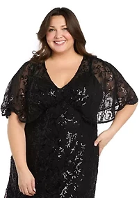 Plus Short Sleeve V-Neck Solid Lace A-Line Dress