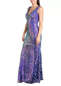 Women's Sleeveless V-Neck Rainbow Sequin Gown