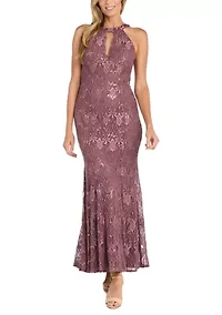 Women's Sleeveless Halter Glitter Lace Gown