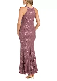 Women's Sleeveless Halter Glitter Lace Gown