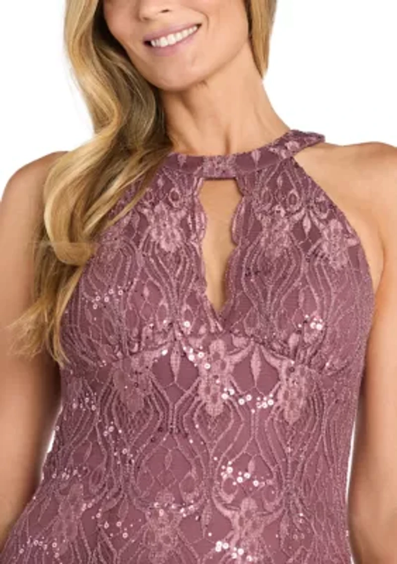 Women's Sleeveless Halter Glitter Lace Gown