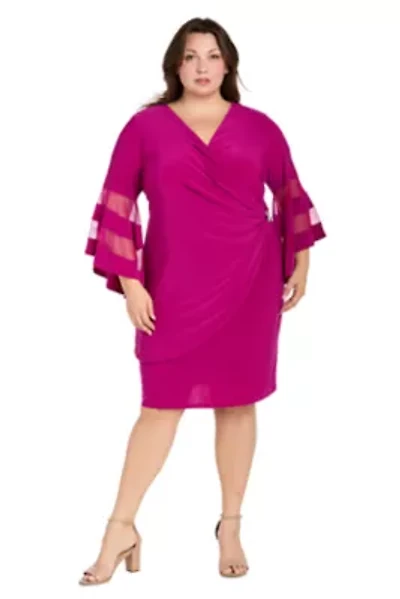 Plus Sheer Trim Angel Sleeve Wrap Dress