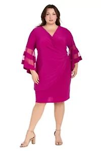 Plus Sheer Trim Angel Sleeve Wrap Dress