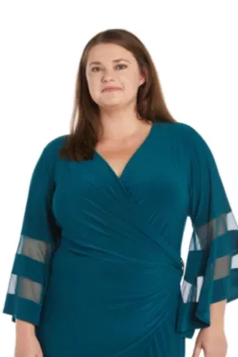 Plus Sheer Trim Angel Sleeve Wrap Dress