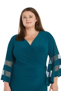 Plus Sheer Trim Angel Sleeve Wrap Dress