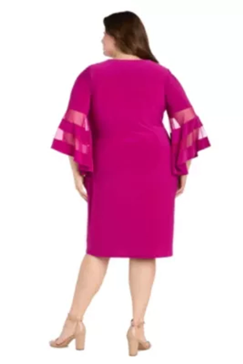 Plus Sheer Trim Angel Sleeve Wrap Dress