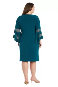 Plus Sheer Trim Angel Sleeve Wrap Dress
