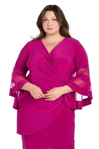 Plus Sheer Trim Angel Sleeve Wrap Dress