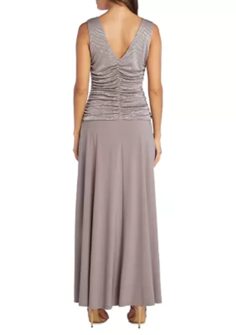 Petite One-Piece Glitter Jacquard Knit and Ruched Bodice Long Dress