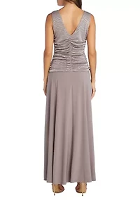 Petite One-Piece Glitter Jacquard Knit and Ruched Bodice Long Dress