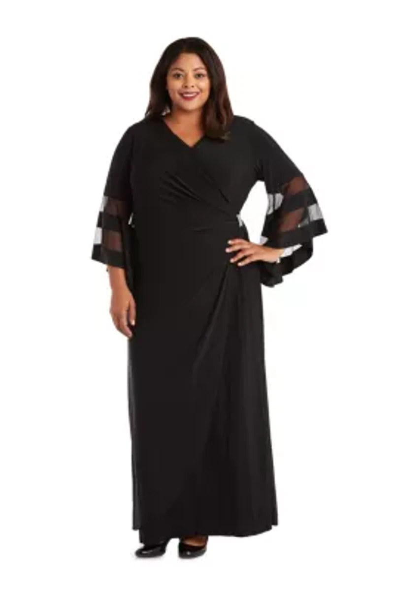 Womens Sheer Trim Angel Sleeve Long Wrap Dress