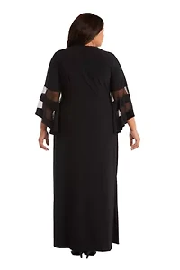 Womens Sheer Trim Angel Sleeve Long Wrap Dress