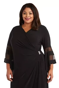 Womens Sheer Trim Angel Sleeve Long Wrap Dress
