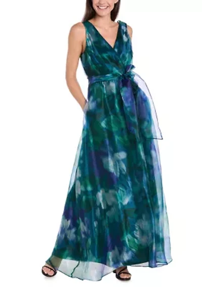 Women's Sleeveless V-Neck Printed Organza Gown