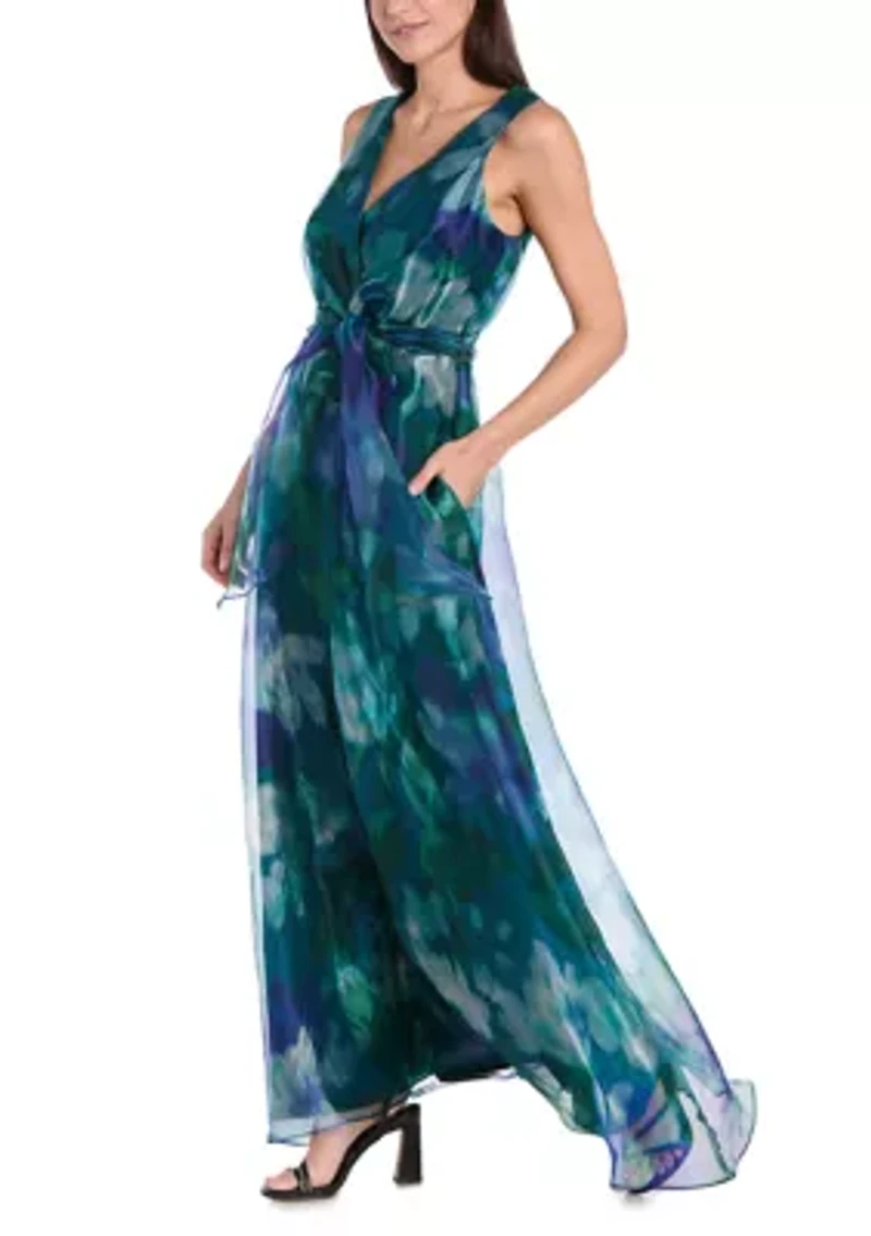 Women's Sleeveless V-Neck Printed Organza Gown