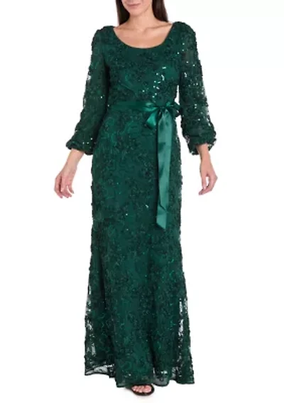 Women's Long Sleeve Crew Neck Solid Lace Gown