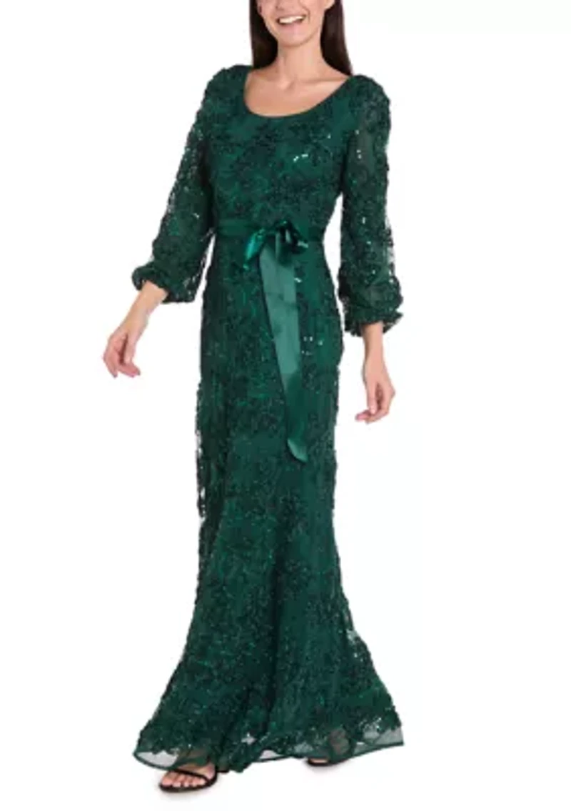 Women's Long Sleeve Crew Neck Solid Lace Gown