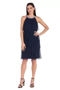 Pleated Mesh Tiered Short Dress