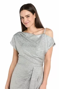 Metallic Foil Knit Side Drape Dress