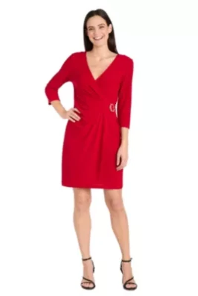1Pc Faux Wrap Dress with Gold Hardware Detail at Waist