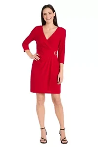 1Pc Faux Wrap Dress with Gold Hardware Detail at Waist
