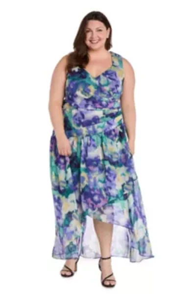 Womens 1Pc Faux Wrap Hi-Lo Dress with Shirred Waist