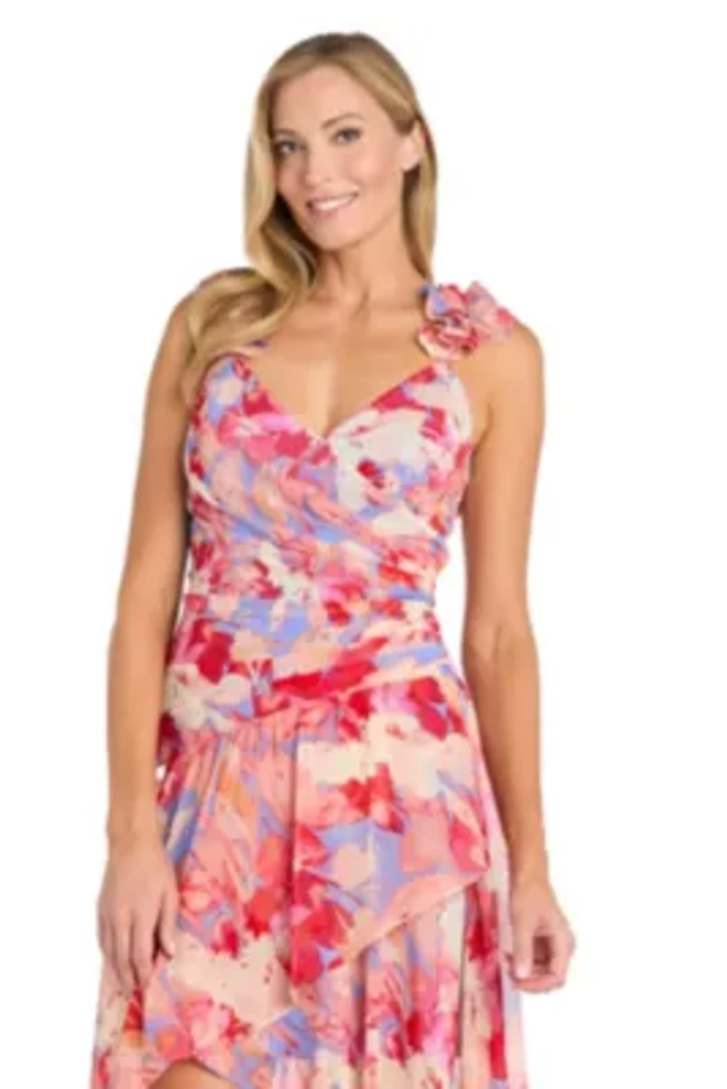 Petite 1Pc Faux Wrap Hi-Lo Dress with Shirred Waist
