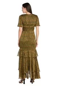 Midi Satin Metallic Stripe Printed Dress