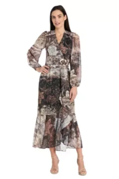 Long Sleeve Animal Printed Metallic Satin Chiffon Dress