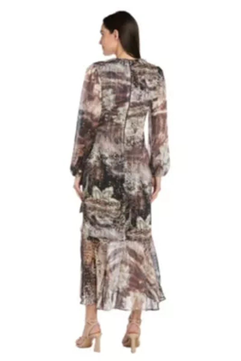 Long Sleeve Animal Printed Metallic Satin Chiffon Dress