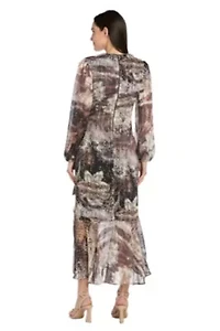 Long Sleeve Animal Printed Metallic Satin Chiffon Dress