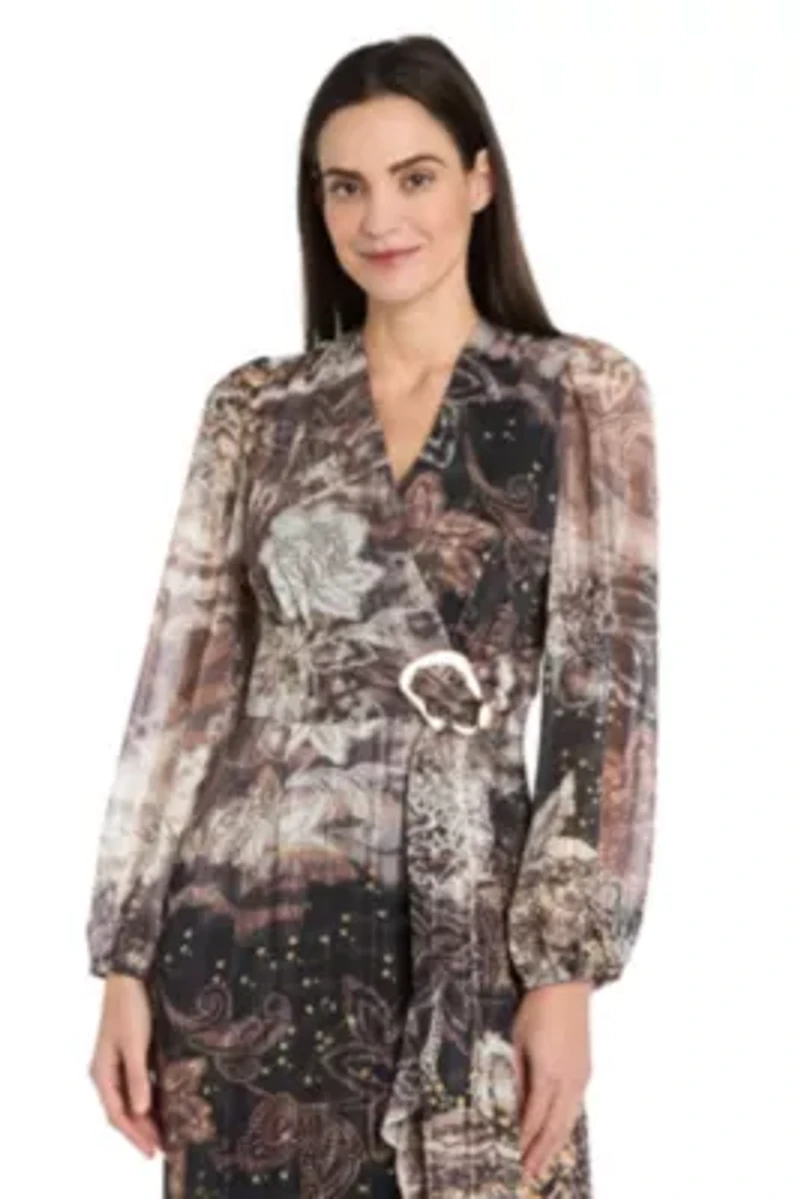 Long Sleeve Animal Printed Metallic Satin Chiffon Dress