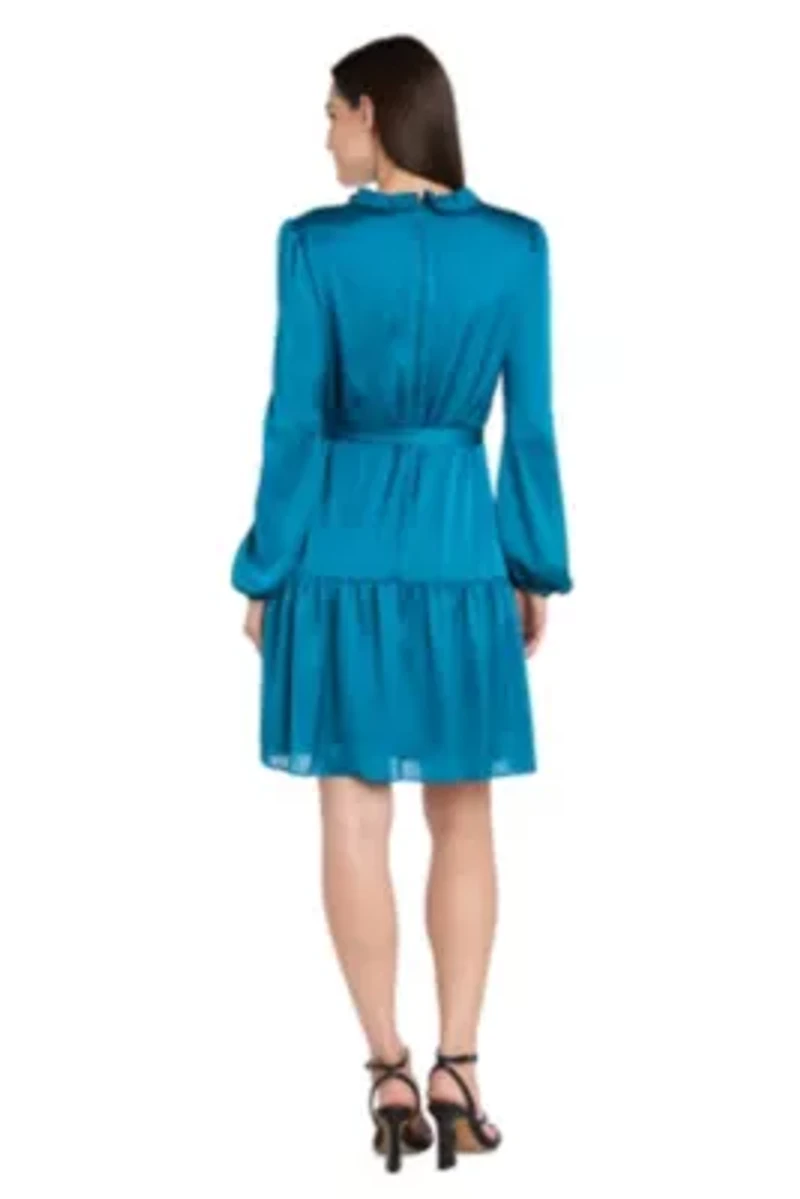 Short Silky Charmeuse Dress with V Neckline and Ruffle Skirt