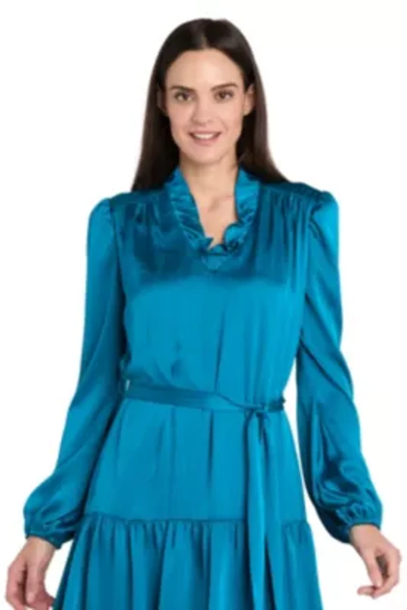 Short Silky Charmeuse Dress with V Neckline and Ruffle Skirt