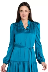 Short Silky Charmeuse Dress with V Neckline and Ruffle Skirt