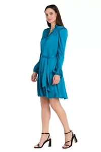 Short Silky Charmeuse Dress with V Neckline and Ruffle Skirt