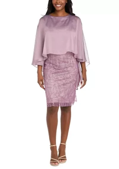 Women's Short Sleeve Satin Mixed Media Capelet Dress