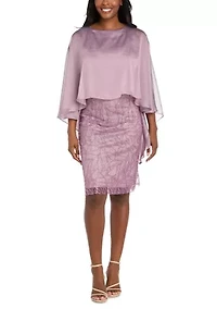 Women's Short Sleeve Satin Mixed Media Capelet Dress