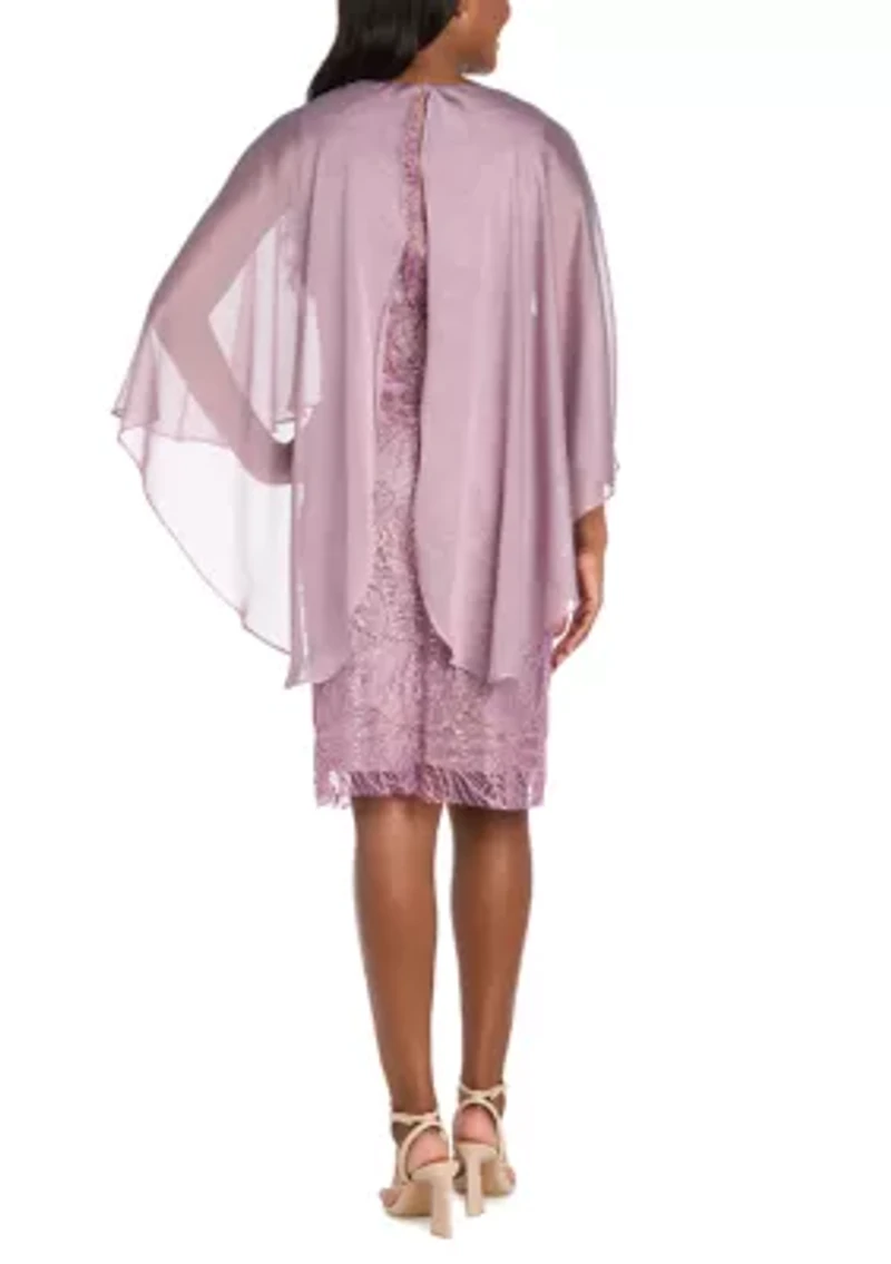 Women's Short Sleeve Satin Mixed Media Capelet Dress