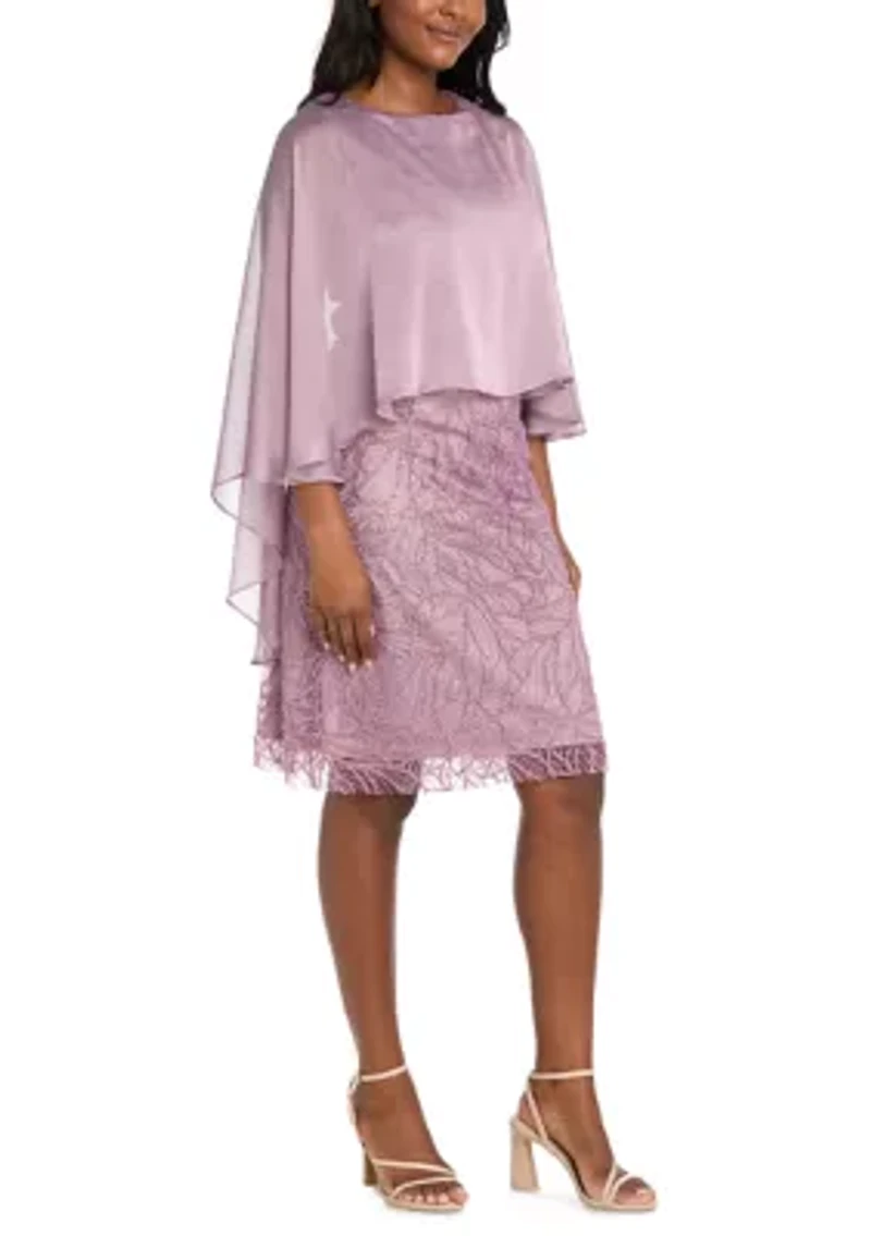 Women's Short Sleeve Satin Mixed Media Capelet Dress
